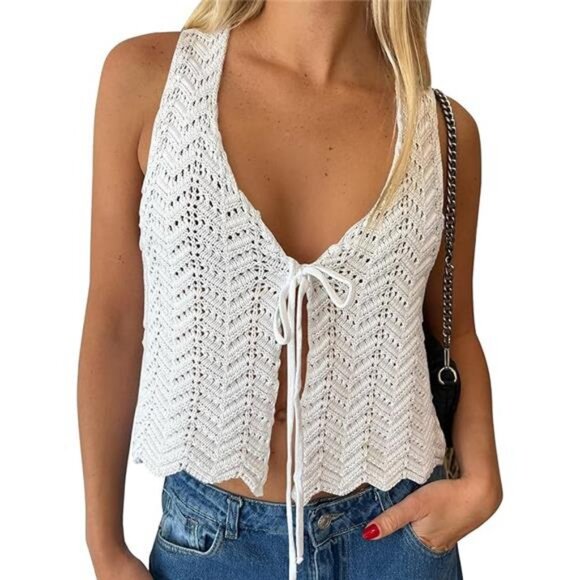 Crochet Tops for Women Summer Vacation Outfits Beach Coverup Going Out Tie Front - Picture 6 of 6